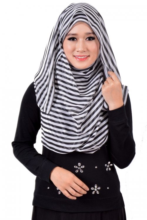 shawl standard chiffon corak stripes korea style eksklusif hitam putih