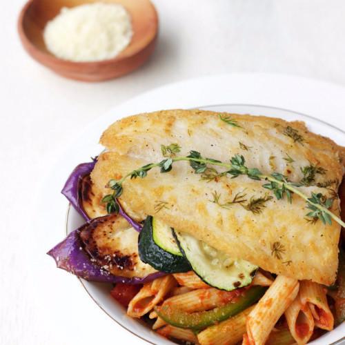 Baked Perch with Pasta Arrabiata and Roast Vegetables