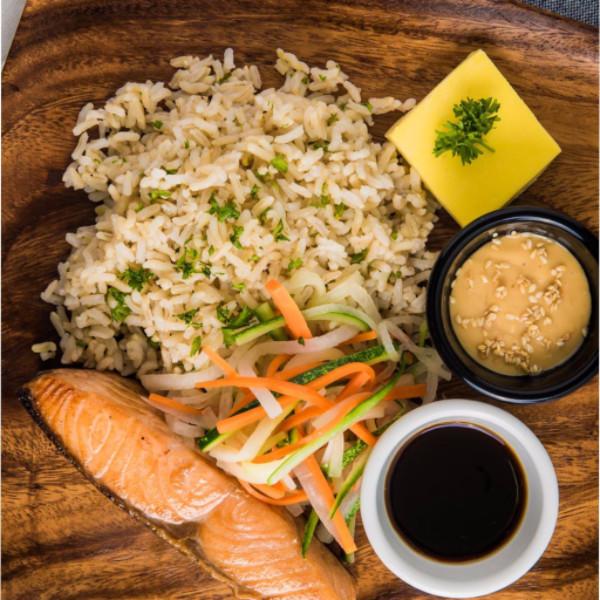 Teriyaki Salmon with Spring Onion Brown Rice, Vegetable Pickles and Tamago