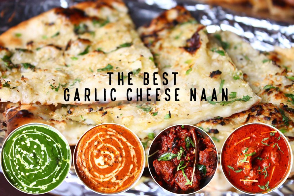 Garlic cheese naan with dipping curries