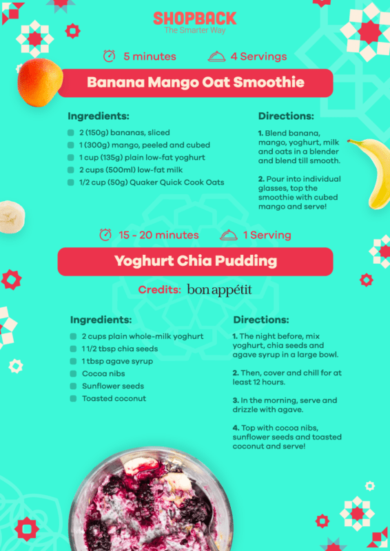 Ramadan pre-dawn meal recipe for banana mango oat smoothie and yoghurt chia pudding