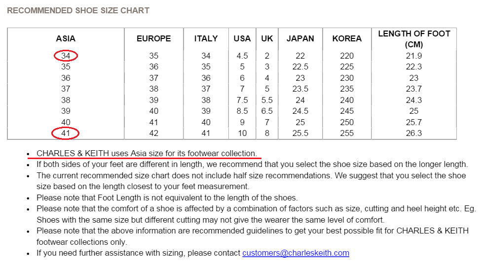 charles and keith shoes size chart