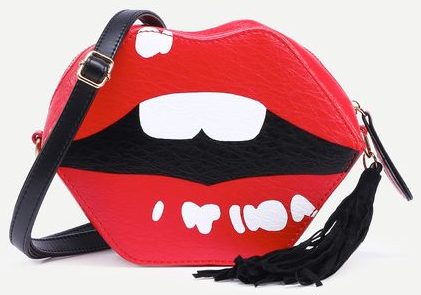 Red Lip Shaped Tassel Trim Crossbody Bag