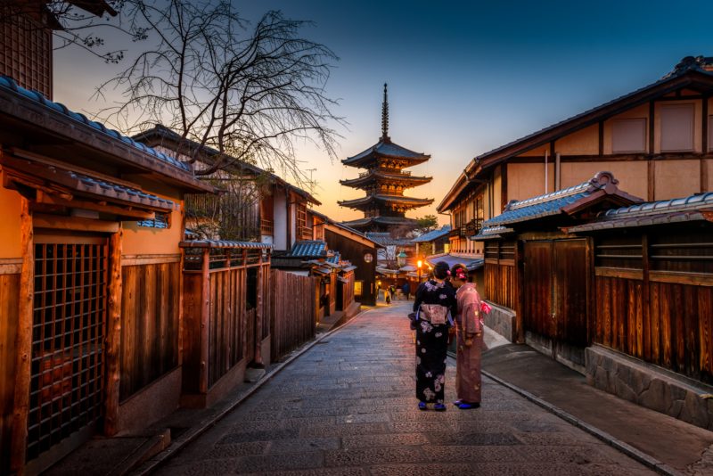 two women in kimono in tokyo old town