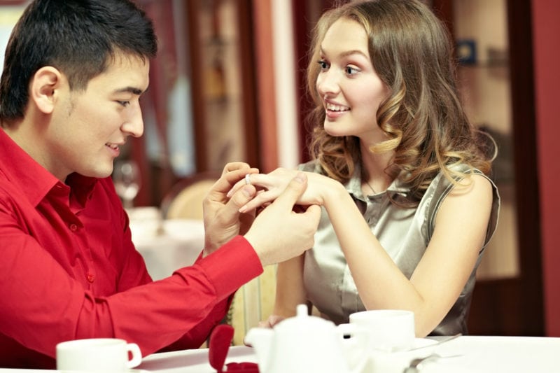 Young man putting a ring on his happy girlfriends finger