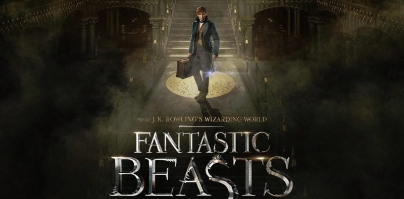 Newt Scamander standing behind title Fantastic Beasts