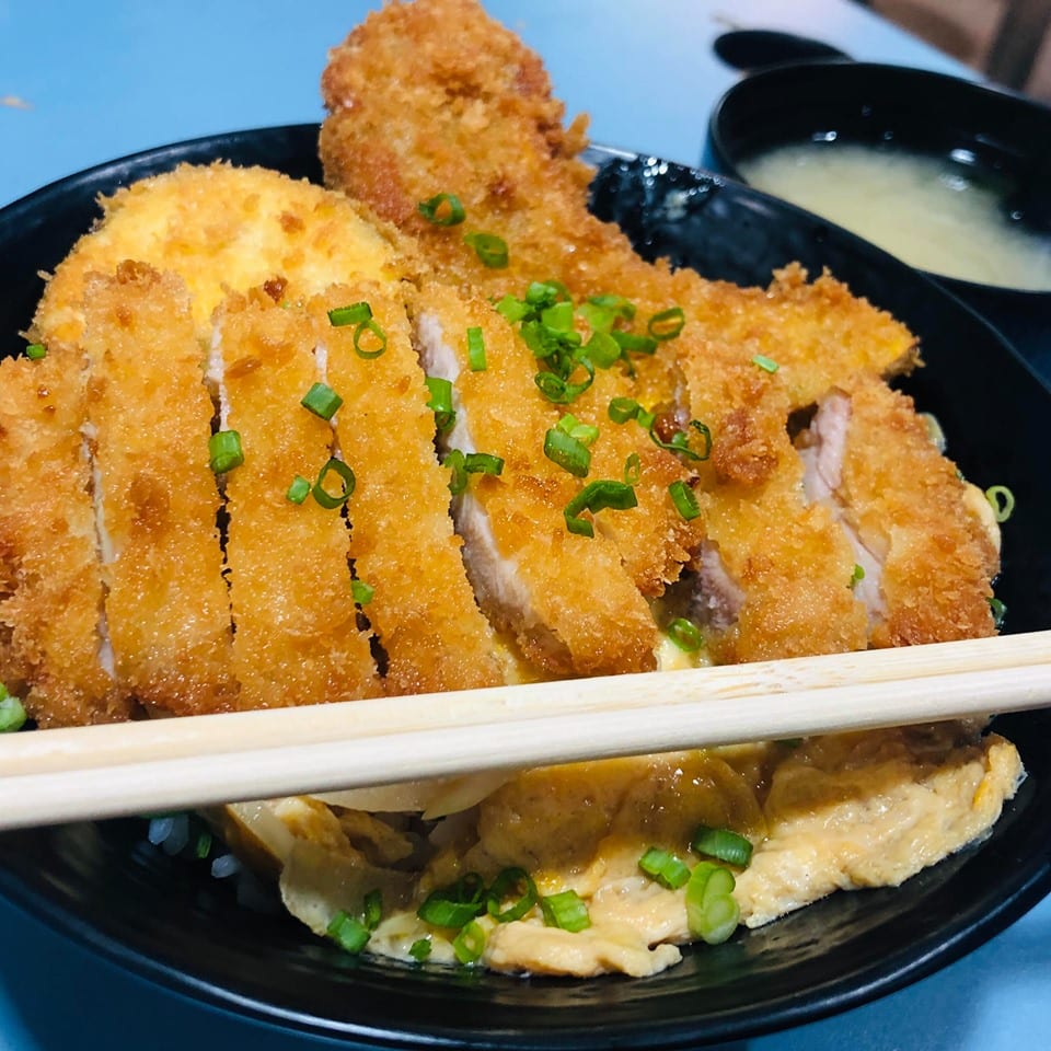 fried chicken patty with scrambled egg and scallions rice bowl