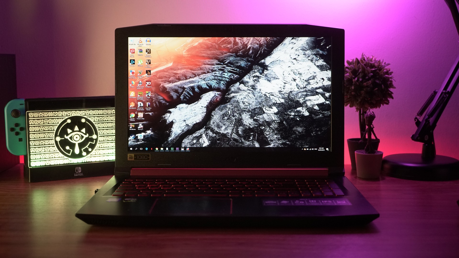 purple and pink light with Acer gaming laptop