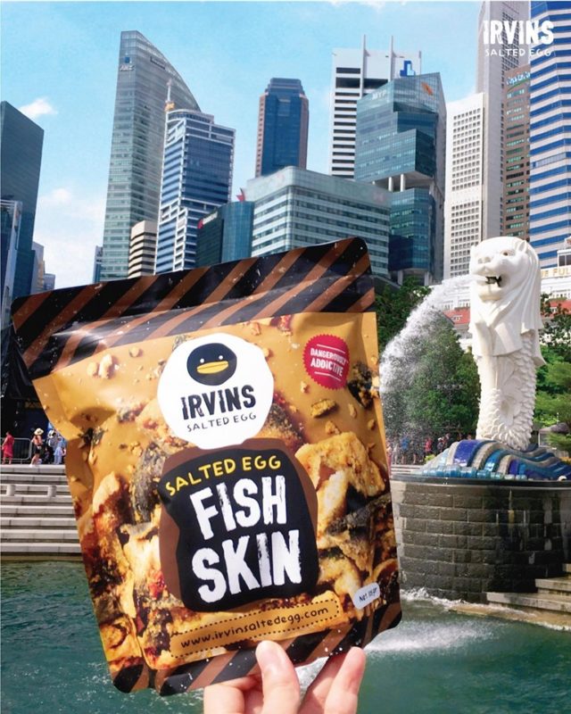 packet of fish skin with merlion and CBD in the background