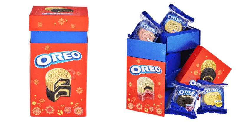 two red boxes of oreo mooncakes