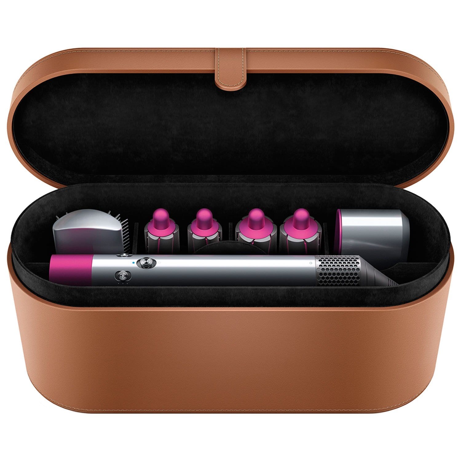hair curlers and accessories in a tan leather box